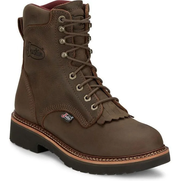 Men's work & safety boots with a moisture - wicking lining for dry feetJustin Men's Rivot 8" WP Lace Up Western Work Boot -Brown- OW440