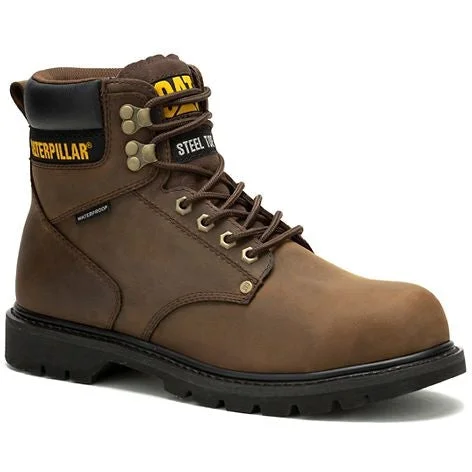 Men's water - repellent leather work & safety boots for outdoor workCat Men's Second Shift Steel Toe WP Slip Resist Work Boot -Brown- P91660