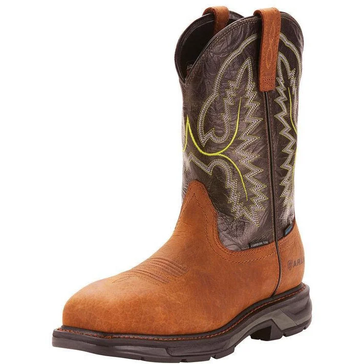 Men's work & safety boots with a gusseted tongue to keep out debrisAriat Men's WorkHog XT 11" Carbon Toe WP Western Work Boot - Bark - 10024966