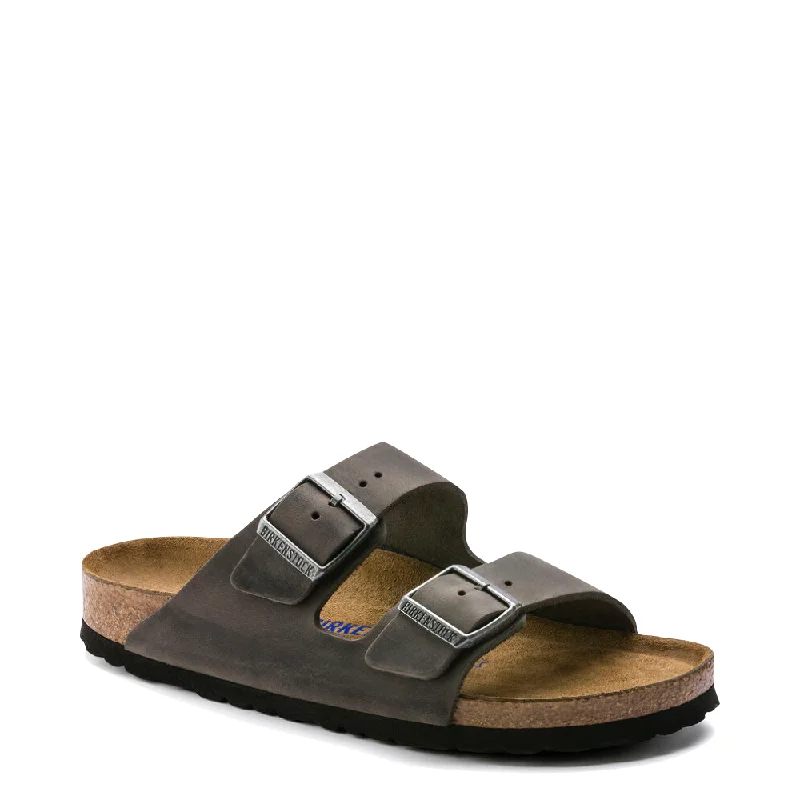 Men's sandals with a perforated leather upper for ventilationMen's sandals with a perforated leather upper for ventilationBirkenstock Arizona Oiled Leather Soft Footbed Sandal in Iron Grey