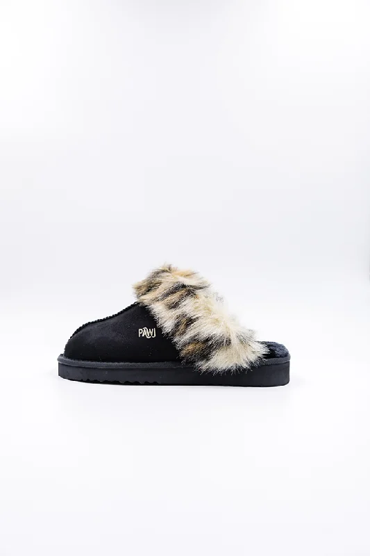 Men's slippers with a decorative pom - pom or tasselPAWJ Slippers | Black / Wild Leopard