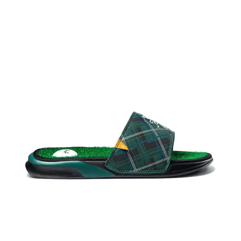 Men's sandals with a contrast stitching detailMen's sandals with a contrast stitching detailReef Men's Mulligan Slide - Green Tartan