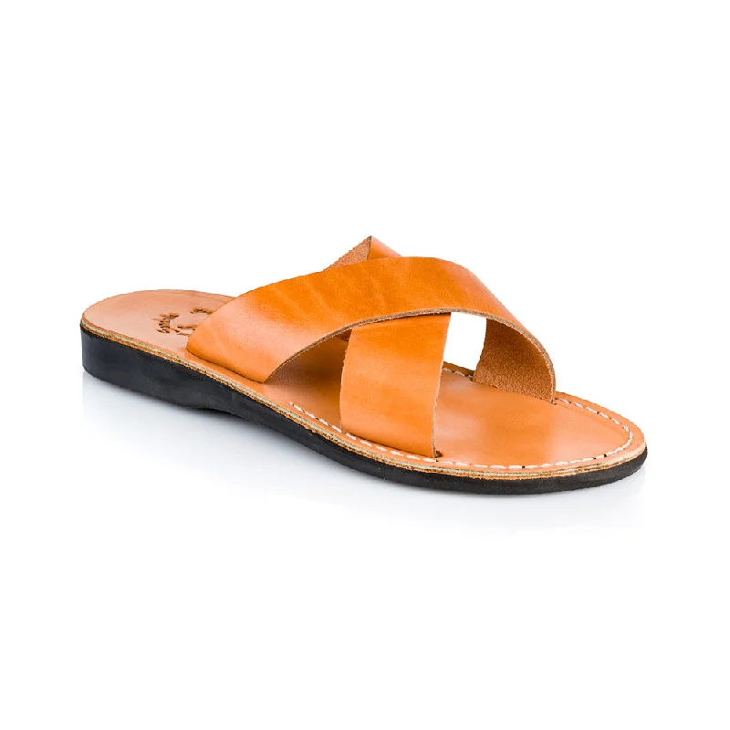 Men's sandals with a cushioned footbedMen's sandals with a cushioned footbedElan - Leather Cross Strap Sandal | Tan