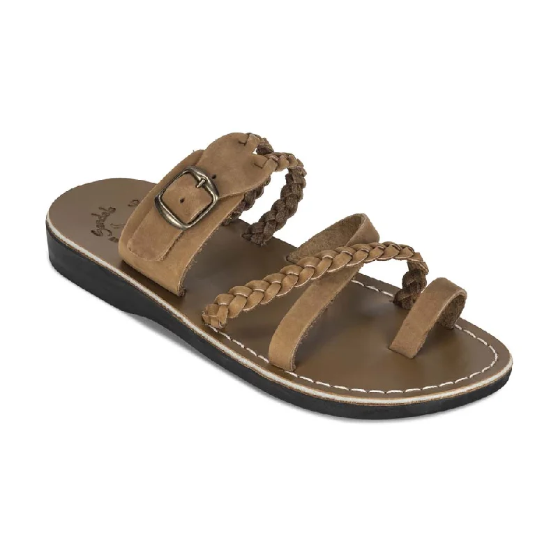 Men's sandals with a decorative buckle or charmMen's sandals with a decorative buckle or charmSophia Buckle - Leather Braided Slide Sandal | Tan Nubuck